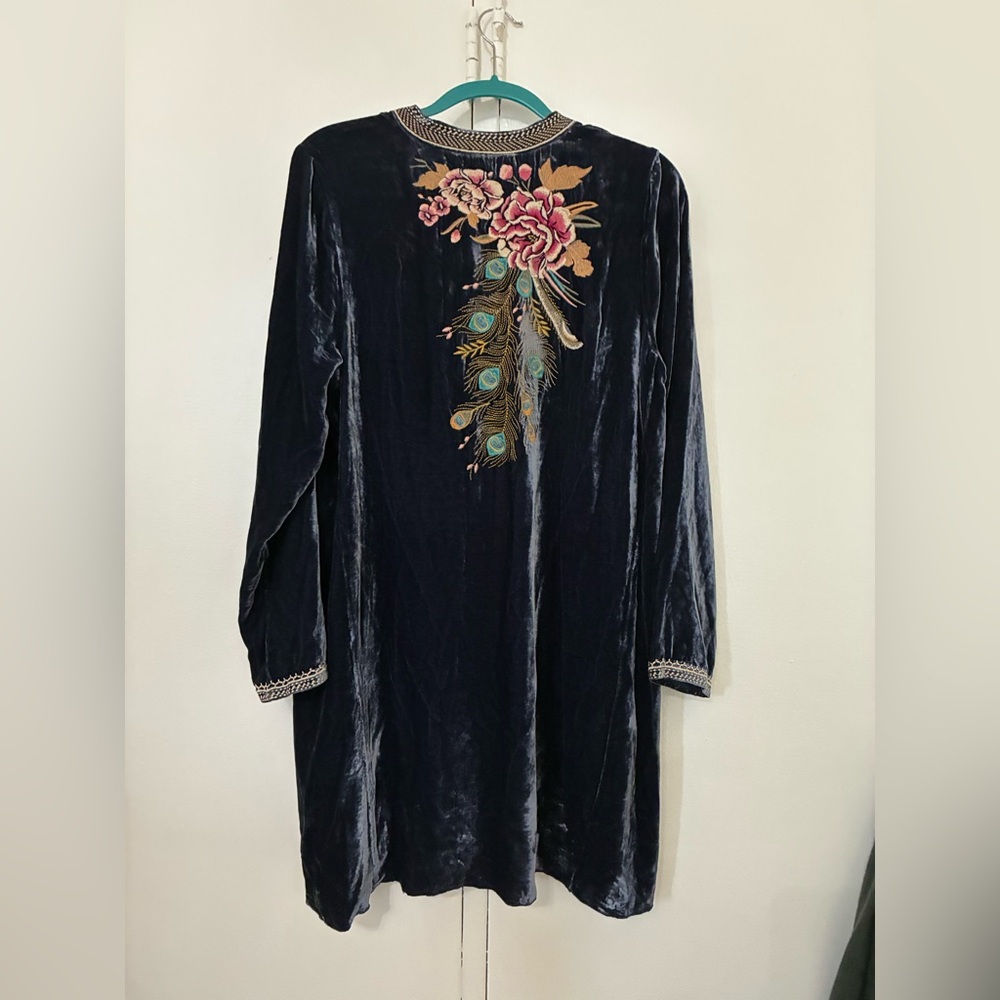 Johnny Was Blue Velvet Tunic with Pink Floral Embroidery - Picture 2 of 2
